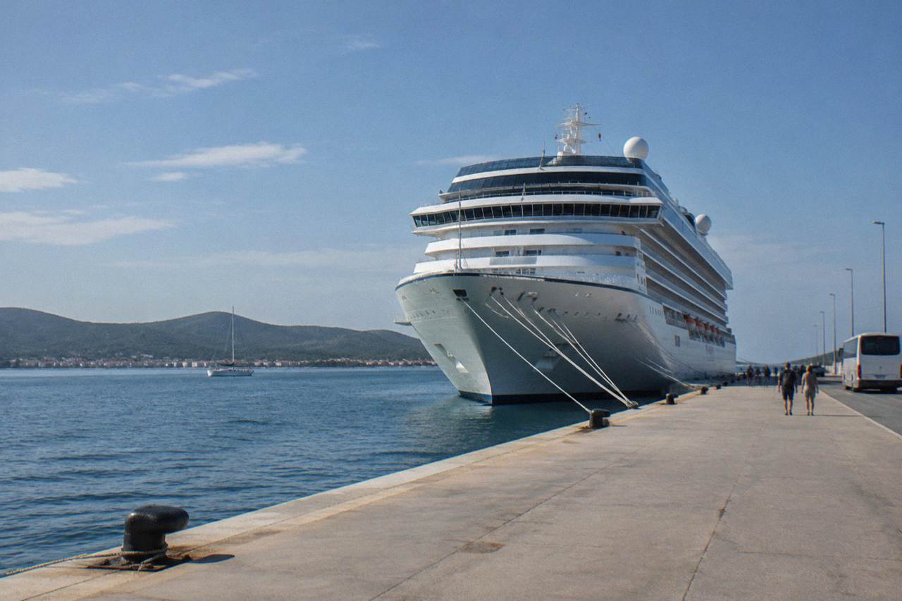 Cruise ship moored at a long concrete quay with calm water