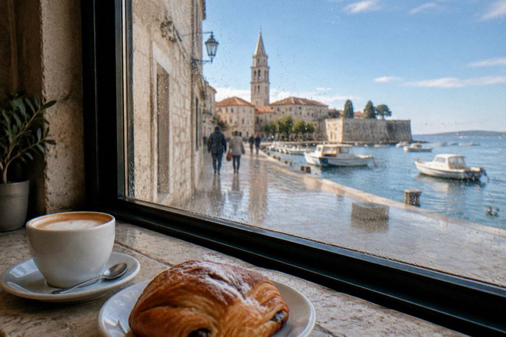 Cafe window with coffee and pastry and rain on the glass
