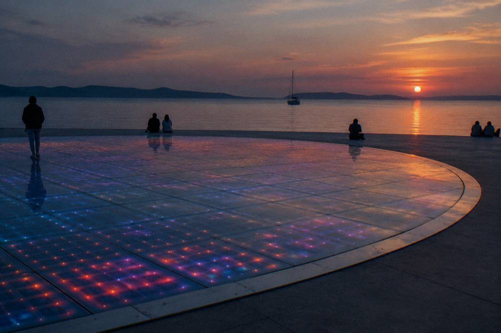 Glass circle glowing at dusk with calm sea and silhouettes