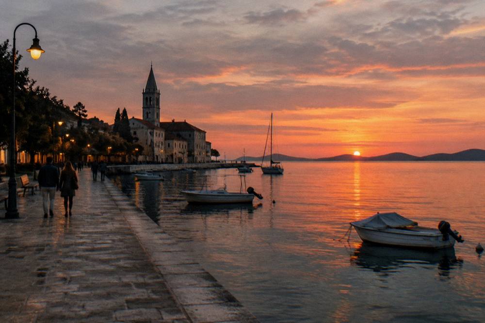 Cloudy pink evening sky over the Old Town waterfront with lamps coming on